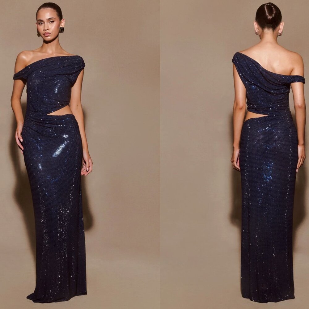 Meshki Kenny Diamante One Shoulder Maxi Dress - Navy